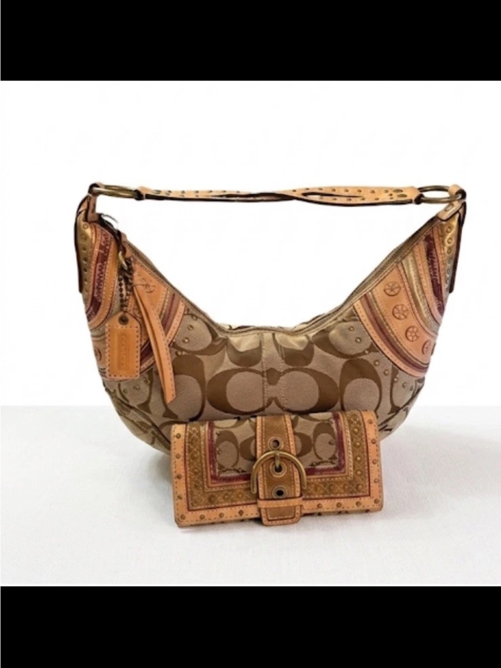 Coach Soho Hobo Bag and Wallet Set, Signature Canvas,Brass Studded Leather RARE